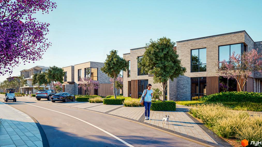 Апарт-готель ONOKY River Club: сучасні будинки з цегляним фасадом, великими вікнами та доглянутою прибудинковою територією з деревами та кущами.