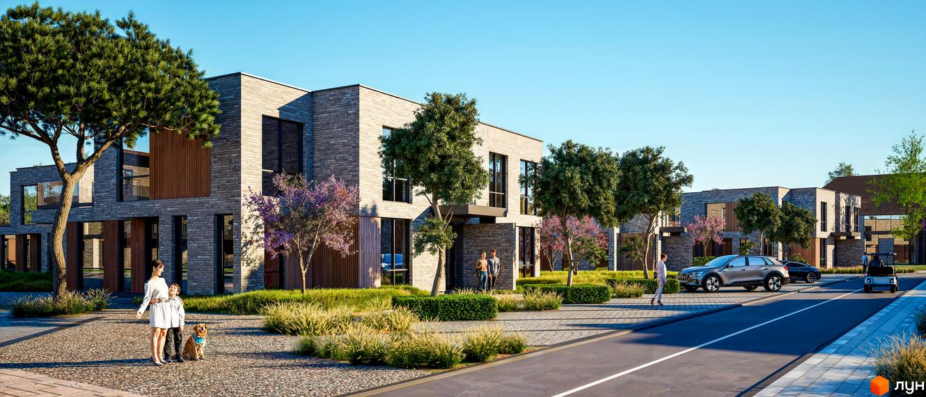 Апарт-готель ONOKY River Club з цегляним фасадом та дерев'яними елементами. Прибудинкова територія з деревами, кущами та доріжками.