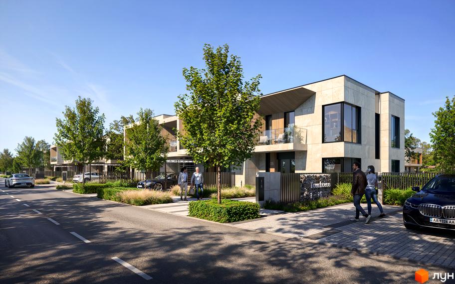 Фасади Апарт-готель ONOKY River Club виконані у світлих тонах з великими вікнами та балконами. Прибудинкова територія озеленена деревами та доріжками.