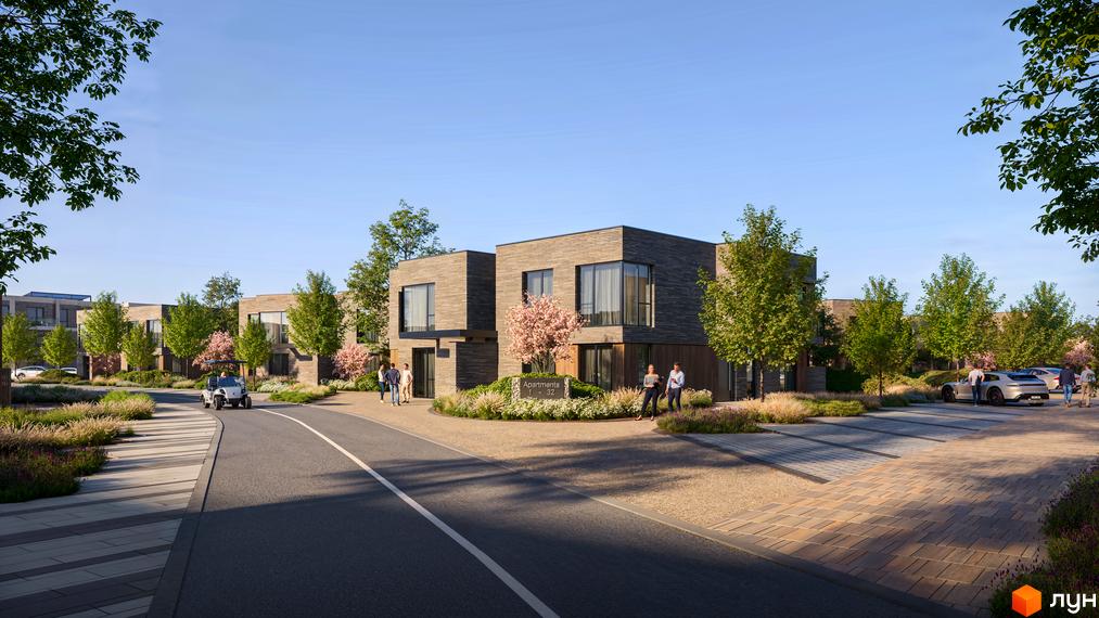 Апарт-готель ONOKY River Club має двоповерхові будинки з темним облицюванням та великими вікнами. Територія комплексу озеленена деревами, кущами та доріжками.