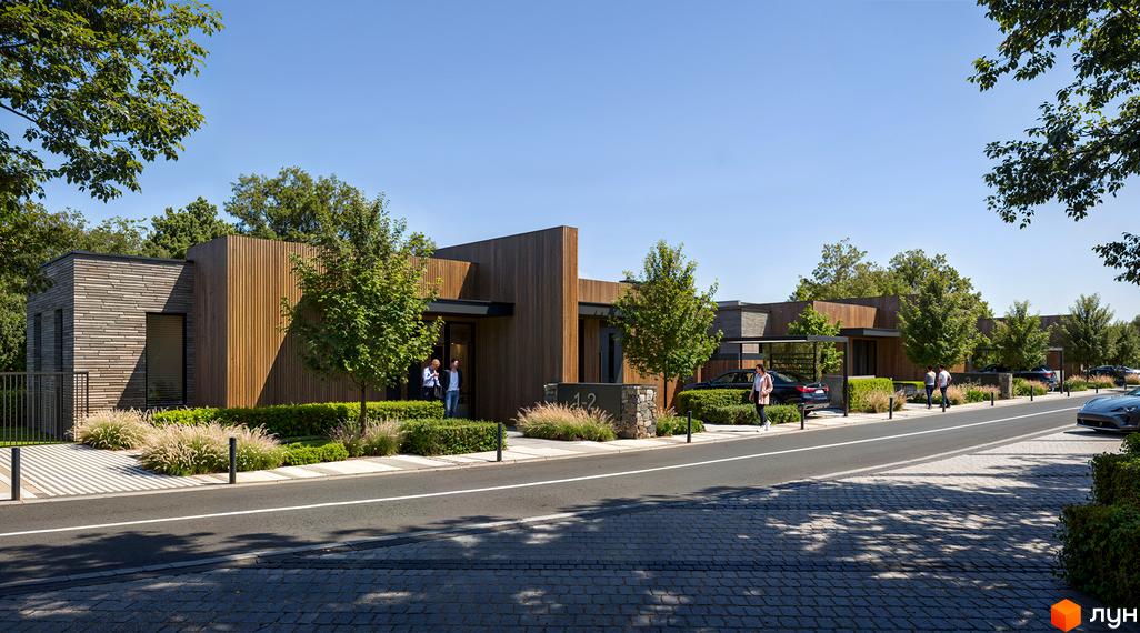 Апарт-готель ONOKY River Club: фасади будинків з дерев'яним оздобленням та доглянута прибудинкова територія з ландшафтним дизайном. На території комплексу розташовані автомобілі та люди.