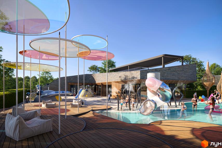 Апарт-готель ONOKY River Club: будівля з кам'яним та дерев'яним фасадом, поруч аквазона з гірками та дитячий майданчик.