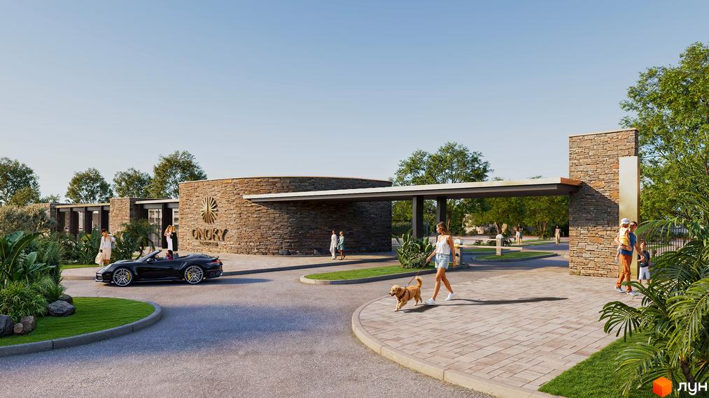 Апарт-готель ONOKY River Club: вхідна група з кам'яною обробкою, навісом та зеленими насадженнями. Територія комплексу з доглянутими газонами та пішохідними доріжками.