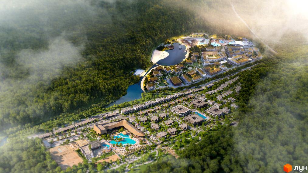 Апарт-готель ONOKY River Club: вид згори на будівлі та водойму, оточені лісом. Територія комплексу включає басейни та спортивні майданчики.