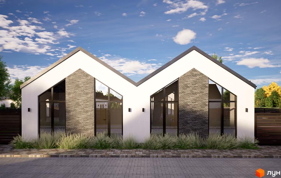 Котеджне містечко Місто Своїх: фасад будинку з білими стінами, гострокутним дахом, великими вікнами та сірою цеглою. Прибудинкова територія з травою та бруківкою.