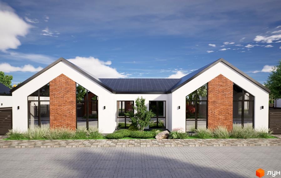 Котеджне містечко Місто Своїх: білий будинок з двома гостроверхими секціями, темним дахом та цегляними вставками. Перед будинком зелені насадження та бруківка.