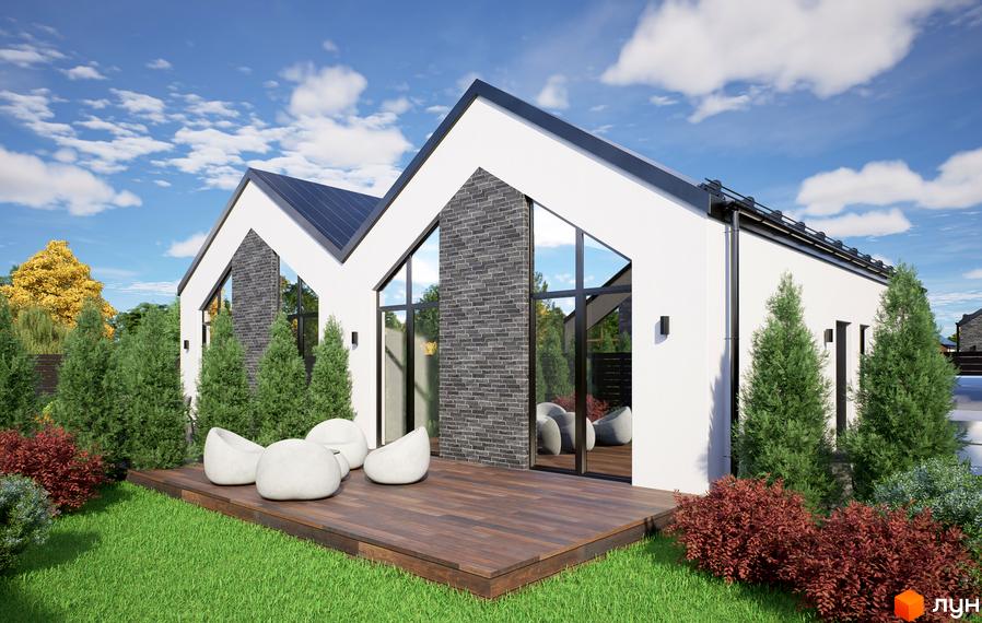 Котеджне містечко Місто Своїх: білий будинок з темним дахом та цегляними вставками, дерев'яна тераса, зелений газон та хвойні насадження.