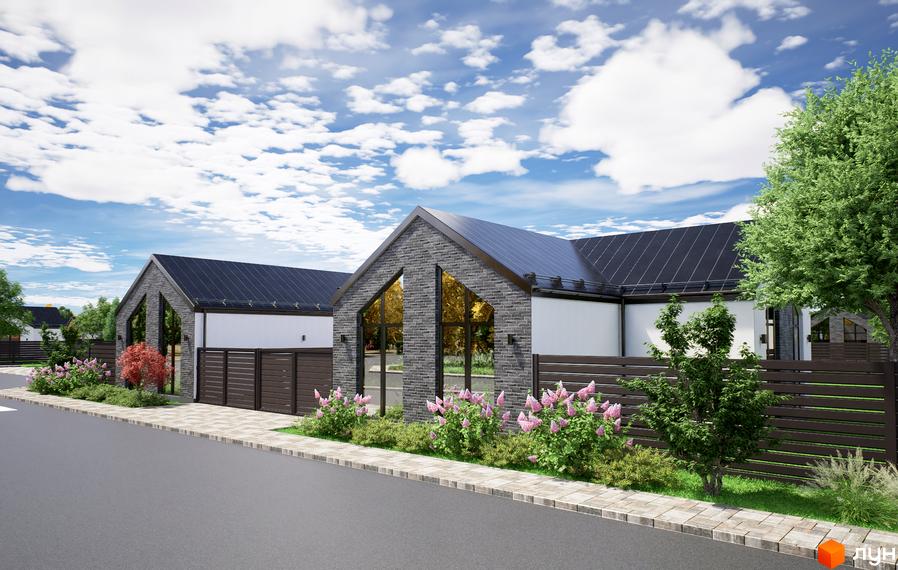 Зображення Котеджного містечка Місто Своїх: будинки з сірої цегли та темними дахами, білі стіни, великі вікна. Прибудинкова територія з зеленими насадженнями та парканом.