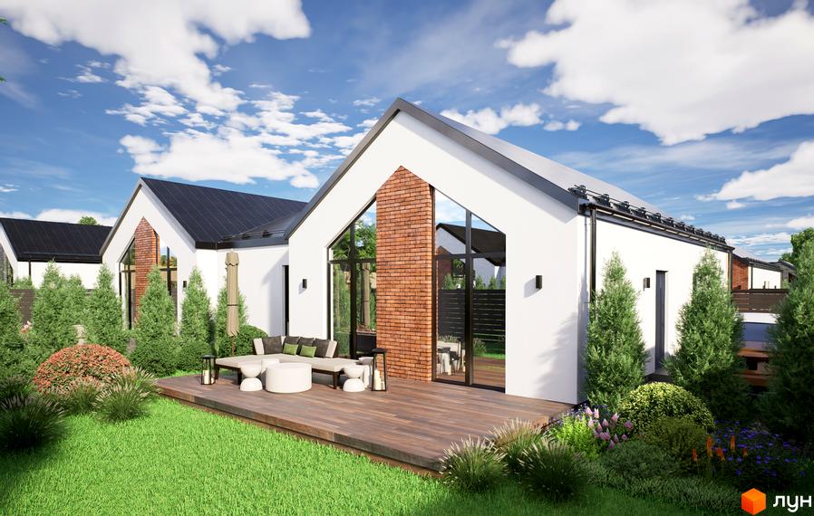 Котеджне містечко Місто Своїх: білі будинки з темними дахами та цегляними вставками, великі вікна, зелений газон та дерев'яна тераса з меблями.