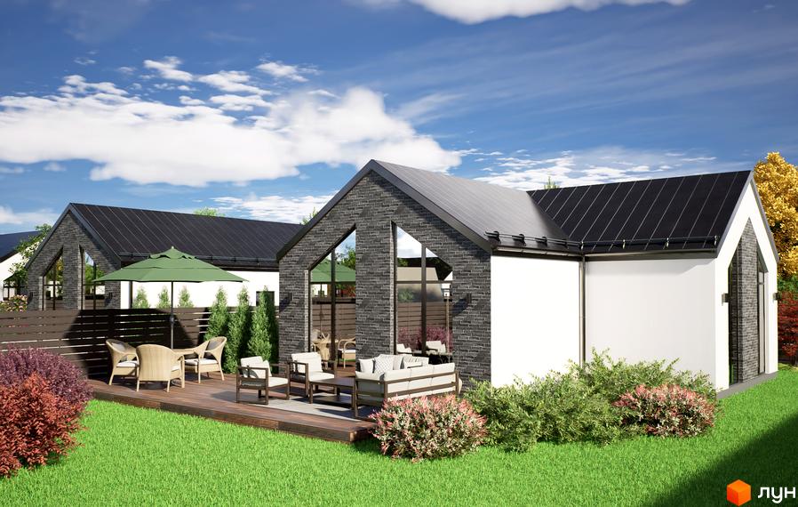 Котеджне містечко КМ Місто Своїх з терасою та зеленою зоною. Зовнішній вигляд будинку з цегляним фасадом та білою стіною.