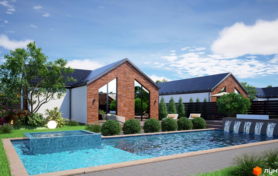 Котеджне містечко Місто Своїх: цегляні будинки з великими вікнами та басейном з водоспадами. Навколо зелені насадження та зони відпочинку.