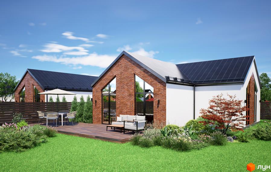 Будинки Котеджного містечка Місто Своїх мають темні дахи, цегляні фасади та великі вікна. На прибудинковій території зелений газон, дерев'яна тераса з меблями та різноманітні рослини.