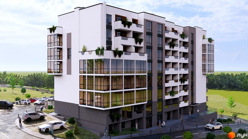 Зовнішній вигляд новобудови ЖК DREAM HILLS з панорамними вікнами та балконами, прибудинкова територія з парковкою та зеленими насадженнями.