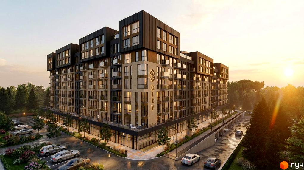 Новобудова Skogur City з фасадом з керамограніту та скляними балконами. Навколо будинку розташовані парковка та зелені насадження.