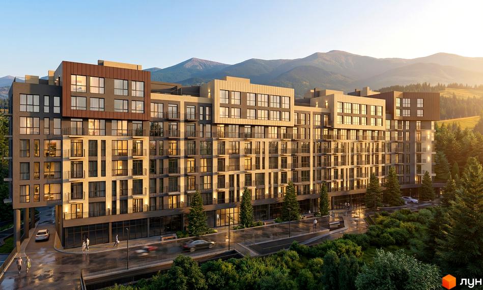 Житловий комплекс Skogur City з багатоповерховими будинками та балконами на тлі гір. Прибудинкова територія з деревами та дорогою.