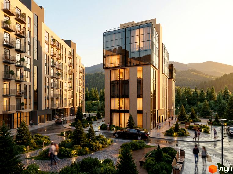 Новобудова Skogur City з панорамними вікнами та балконами, оточена зеленими насадженнями та гірським пейзажем.