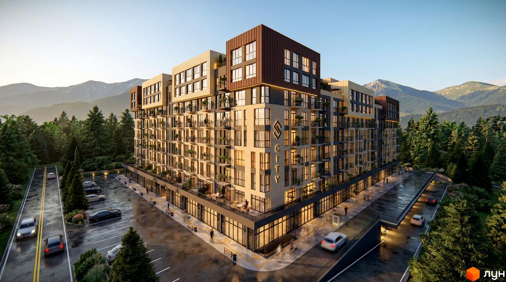 Житловий комплекс Skogur City з фасадами з цегли та металевих панелей, оточений сосновим лісом та гірськими пейзажами. На території є парковка та проїжджа частина.