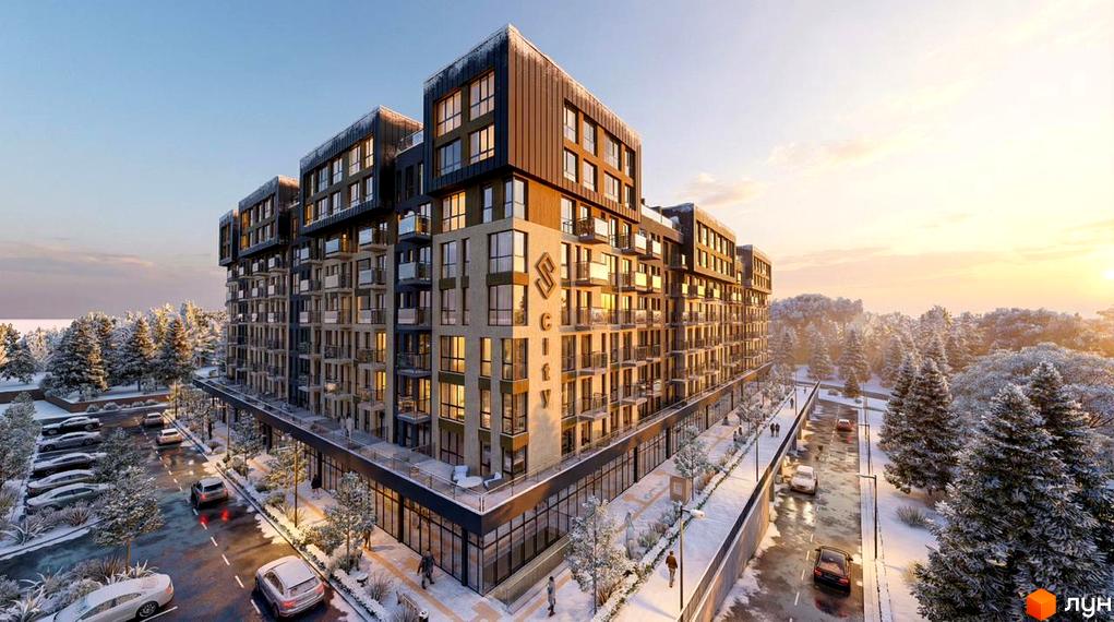 Новобудова ЖК Skogur City з фасадами з дерева та скла, оточена засніженими деревами та дорогою з автомобілями.