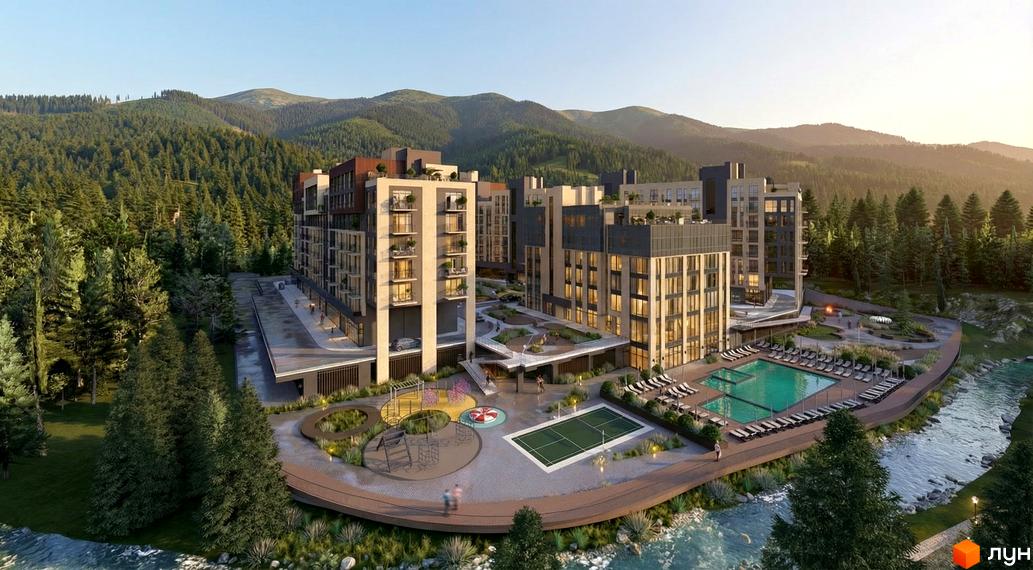 Новобудова Skogur City з багатоповерховими будинками, басейном, дитячим майданчиком та спортивним майданчиком біля річки та лісу.