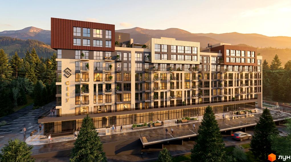 Новобудова ЖК Skogur City з фасадом з вікон та балконів, оточена лісом та горами. Прибудинкова територія з парковкою та пішохідними доріжками.