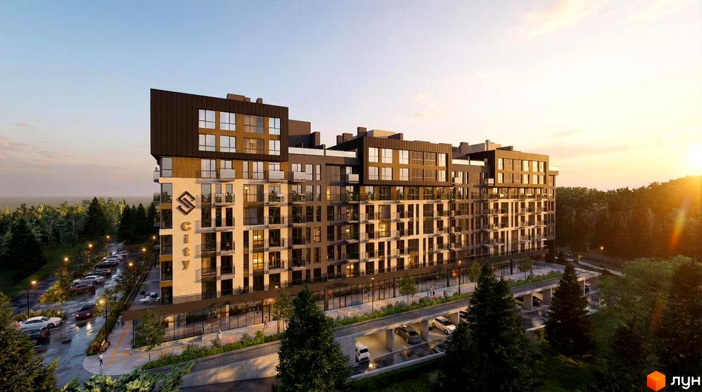 Новобудова Skogur City з численними балконами та панорамними вікнами на тлі лісу та заходу сонця. Поруч розташована парковка та зелена зона.