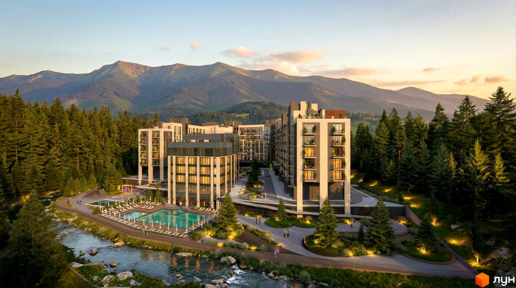 Новобудова Skogur City з басейном та річкою на фоні гір та лісу. Сучасна архітектура та облаштована територія.