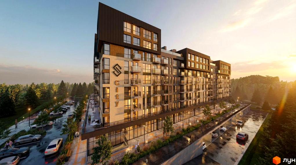 Житловий комплекс Skogur City з фасадами з натуральних матеріалів та скляними балконами, навколо зелені насадження та парковка.