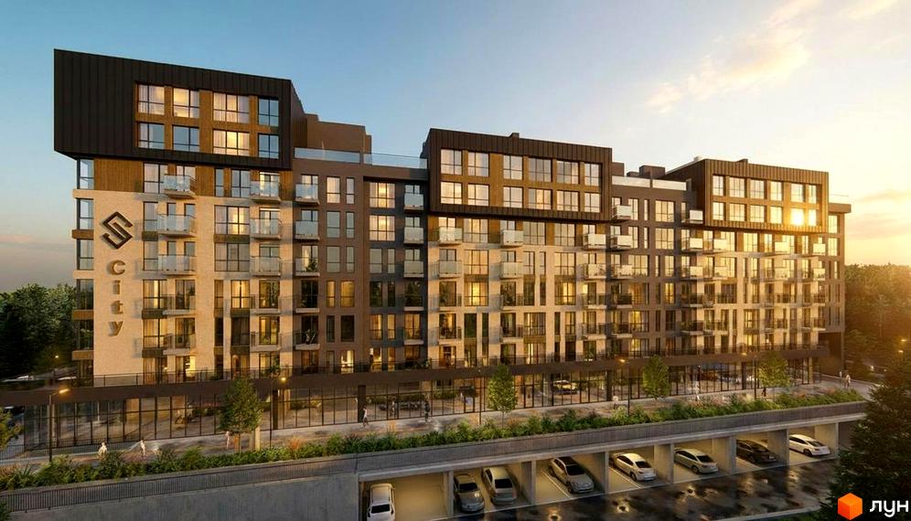 Новобудова Skogur City з фасадом з дерева та скла, балконами та підземним паркінгом. Навколо новобудови зелена зона та дерева.