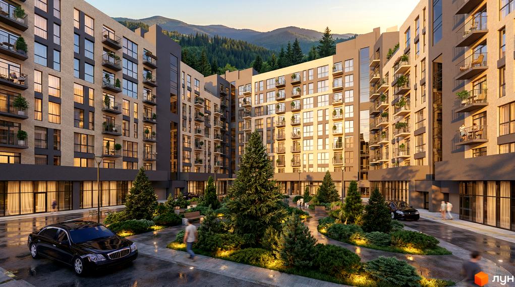 Житловий комплекс Skogur City з балконами та панорамними вікнами, оточений зеленим ландшафтом та горами. Прибудинкова територія з деревами та освітленням.