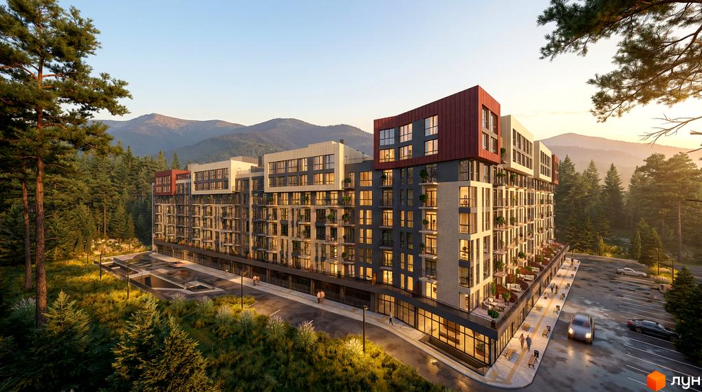 Житловий комплекс Skogur City з фасадами з темних та світлих панелей, червоними акцентами та балконами, оточений сосновим лісом та горами.