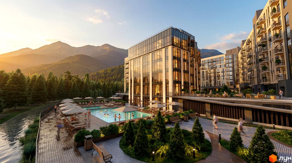Житловий комплекс Skogur City з басейном та гірським пейзажем. Сучасна архітектура та облаштована прибудинкова територія з зонами відпочинку.