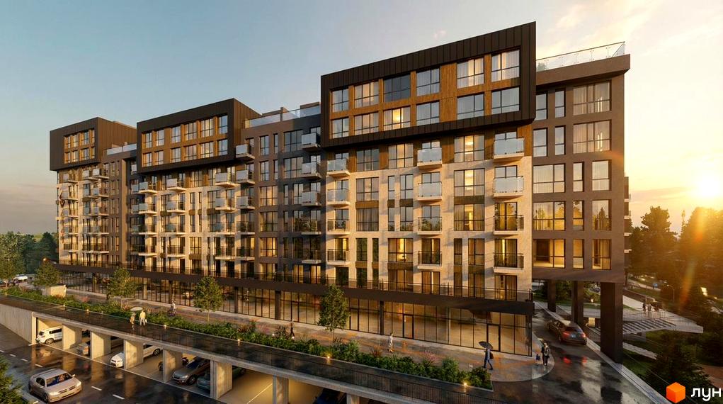 Житловий комплекс Skogur City - сучасна архітектура з балконами та великими вікнами, підземний паркінг та зелена зона відпочинку.