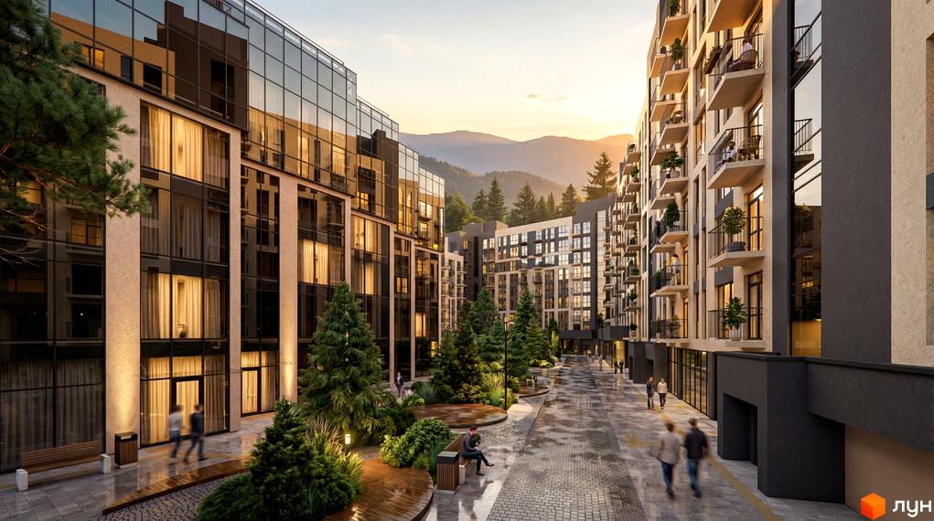 Житловий комплекс Skogur City з фасадами з панорамного скла та балконами, зелена прибудинкова територія з деревами та місцями для відпочинку.