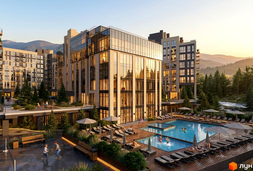 Житловий комплекс Skogur City має багатоповерхові будинки з великими скляними фасадами та балконами. На території розташовані басейни, зони відпочинку з шезлонгами та зелені насадження.