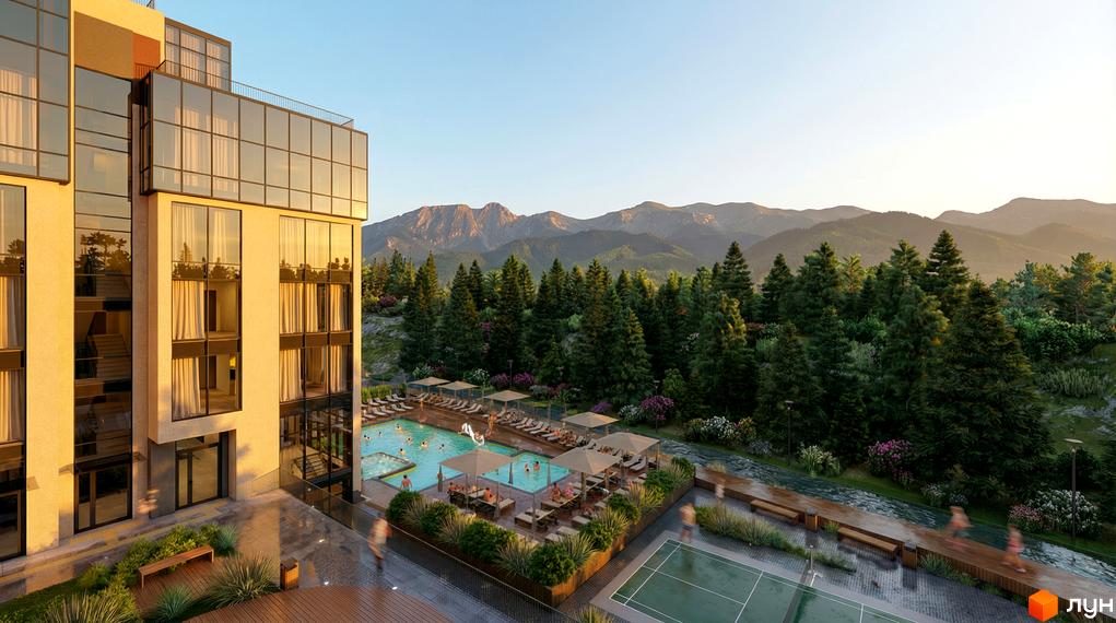 Житловий комплекс Skogur City з світлим фасадом та великими скляними вікнами. На території розташований басейн, тенісний корт та зелені насадження на фоні гір.