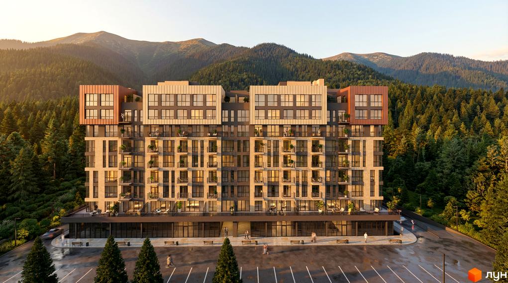 Новобудова Skogur City з коричневими та бежевими фасадами, балконами та панорамними вікнами, оточена лісом та горами. Парковка та зелена зона перед будинком.