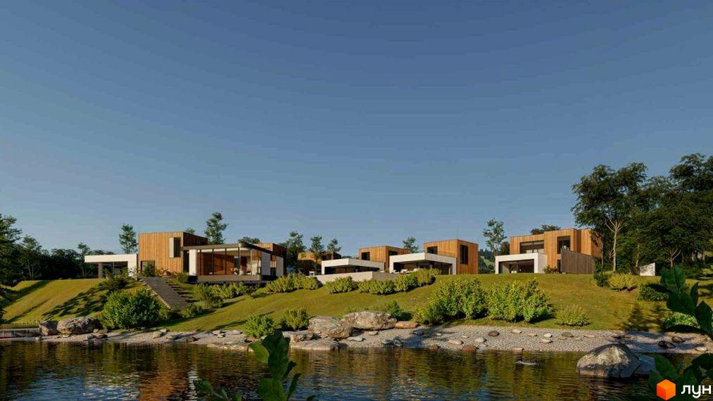 Зовнішній вигляд будинків КМ LEVADA Pool deLuxe HOME and RESIDENCE на фоні озера та зеленого схилу. Комплекс розташований на березі водойми.