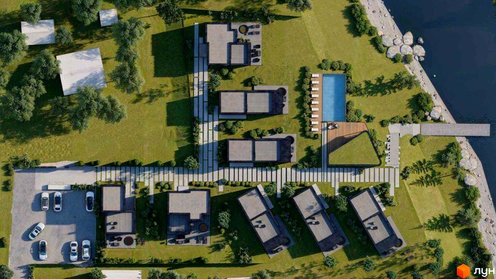 Котеджне містечко LEVADA Pool deLuxe HOME and RESIDENCE з басейном та пірсом біля води. Сучасна архітектура будинків та доглянута прибудинкова територія.