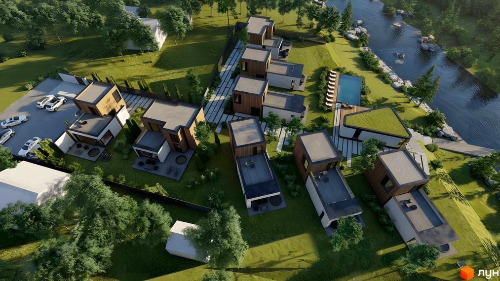 Котеджне містечко LEVADA Pool deLuxe HOME and RESIDENCE з сучасними будинками та басейном біля річки. Територія комплексу озеленена та має вихід до води.