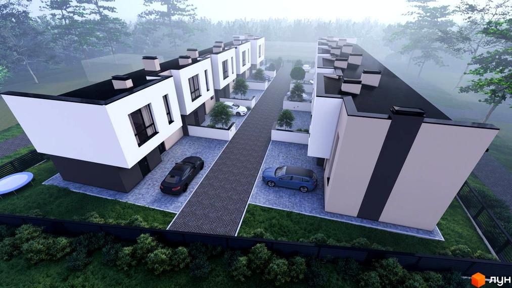 Таунхауси BIRKY GRAND: триповерхові будинки з чорними дахами та білими фасадами, розташовані вздовж асфальтованої дороги з прибудинковою територією та зеленими насадженнями.