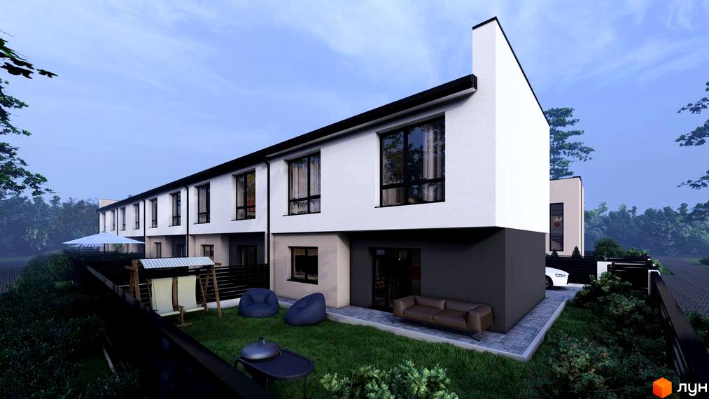 Таунхауси BIRKY GRAND - це двоповерхові будинки з білим фасадом та темним цоколем, що мають великі вікна. Прибудинкова територія облаштована зоною відпочинку з диваном та гойдалкою.