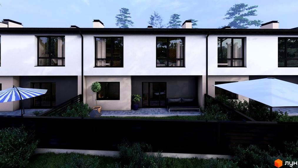 Зовнішній вигляд таунхаусів BIRKY GRAND з терасами та парасольками, на тлі дерев та блакитного неба. Прибудинкова територія з зеленими насадженнями та парканом.