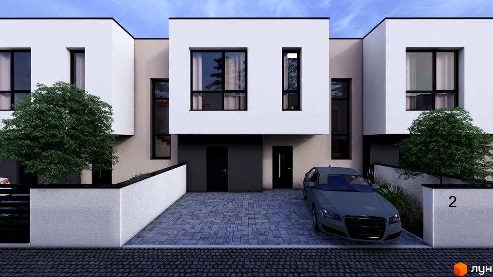 Таунхауси BIRKY GRAND – двоповерхові будинки з білими фасадами, великими вікнами та прибудинковою територією з бруківкою та деревами. На території є паркомісце для автомобіля.