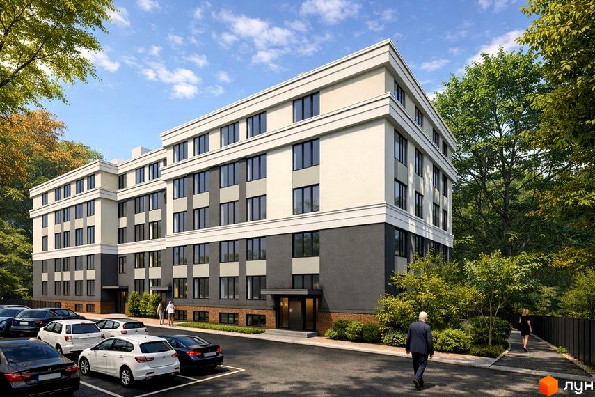 Житловий комплекс Comfort Hall: фасади будівель з темною та світлою обробкою, великі вікна, парковка та зелена зона біля будинку.