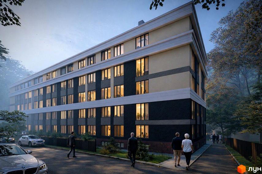 Житловий комплекс Comfort Hall з багатоповерховими будинками та прибудинковою територією з деревами та дорогою.