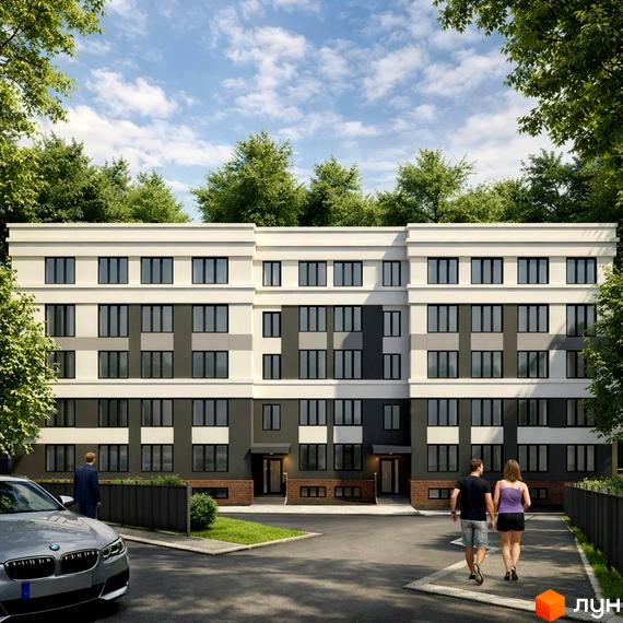 Житловий комплекс Comfort Hall: фасади будинку з темними та світлими панелями, великі вікна. Прибудинкова територія з парковкою та зеленими насадженнями.