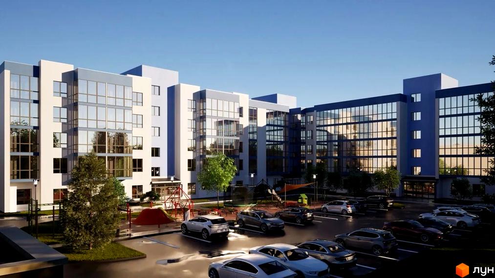 Житловий комплекс Волошкові озера з сучасними фасадами та паркінгом. Дитячий майданчик та зелені насадження біля будівель.