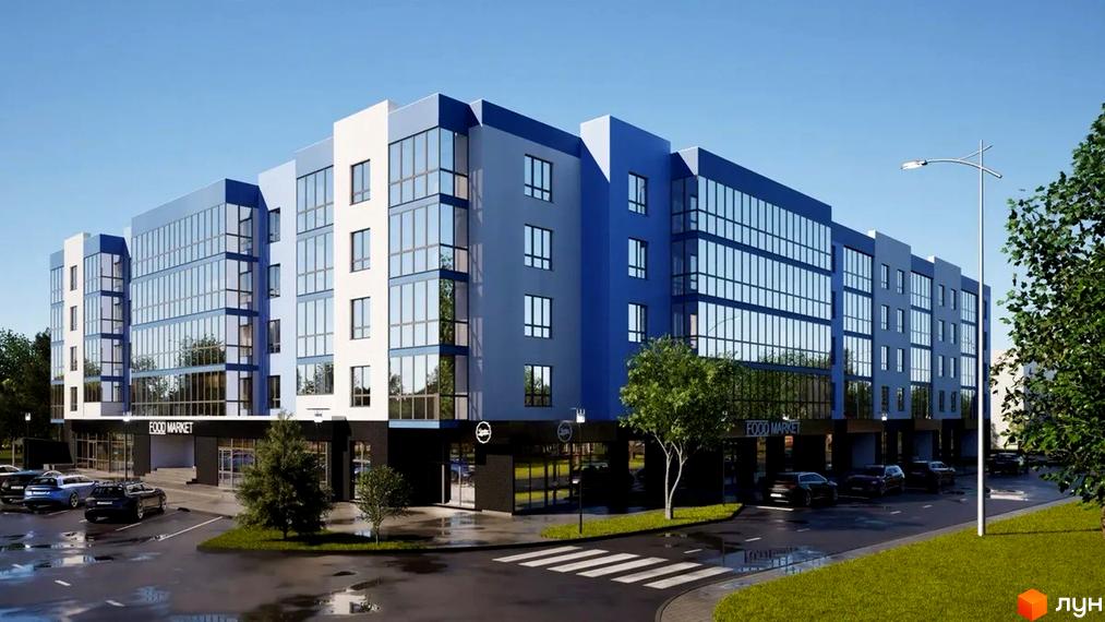 Житловий комплекс Волошкові озера з фасадом у синьо-білих тонах та скляними елементами, паркуванням та зеленими насадженнями.