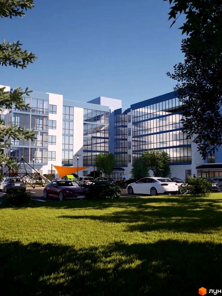 Житловий комплекс Волошкові озера з багатоповерховими будинками та скляними фасадами, поруч зелений газон та припарковані автомобілі.