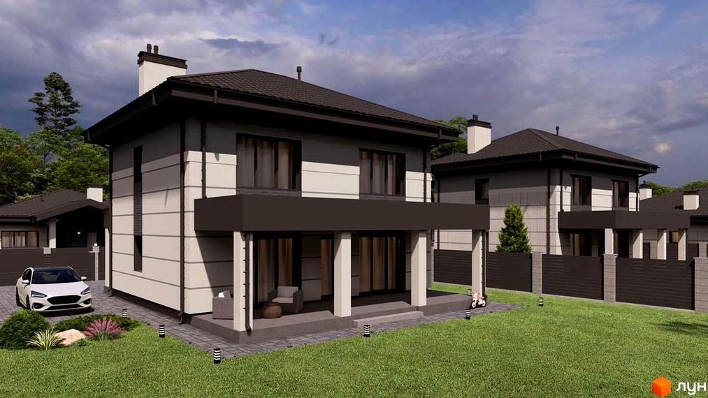 Котеджне містечко КМ CHAPELSKY. Зовнішній вигляд двоповерхових будинків з темним дахом та світлими фасадами, прибудинкова територія з газоном та автомобілем.